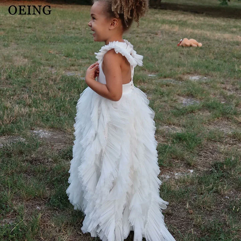 OEING Puffy Beige Flower Girl Dresses Backless Ruffle  Wedding Party Dress Maxi Princess Birthday Dress 2026 Customized