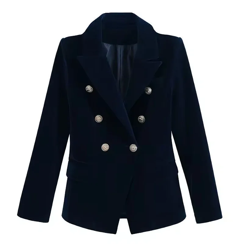 Women Burgundy Navy Velvet Blazer Double Breasted Lion Head Buttons Slim Fit Notched Lapel Autumn Formal Jacket