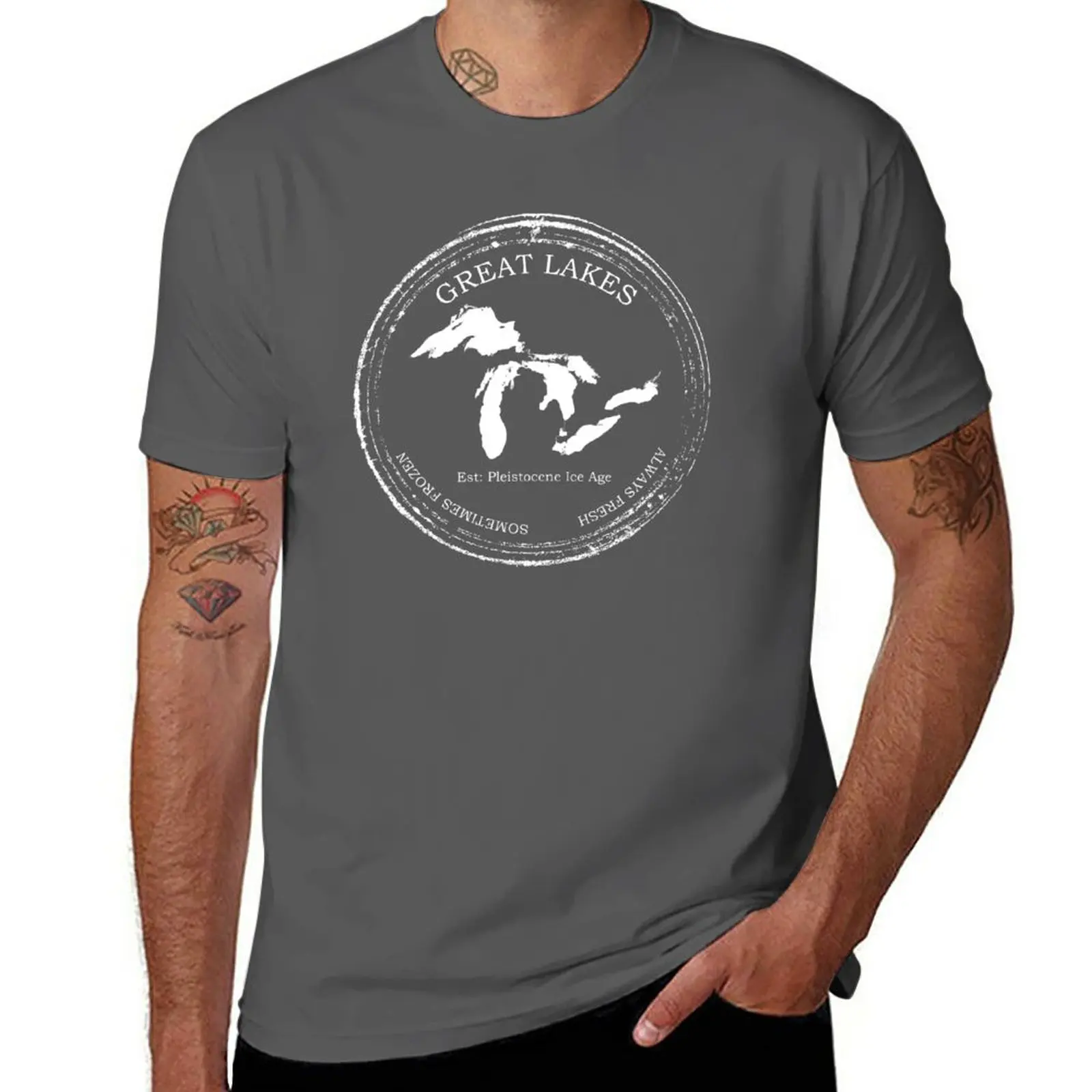 New Great Lakes Logo - Always Fresh, Sometimes Frozen/ Official Great Lakes Apparel/ Great Lakes Ice Age, design by rak- T-Shirt