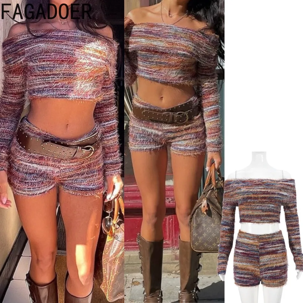 

FAGADOER Autumn New Fashion Knit Two Piece Outfits Woman Color Block Long Sleeve Crop Top+Shorts Suit Female Streetwear Clothing