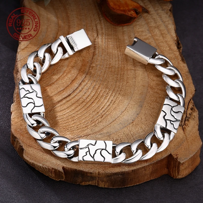 Mens S925 Sterling Silver Bracelet Vintage Crack Texture Inlaid Cuban Chain Bracelet Heavy Duty Silver Wrist Jewelry