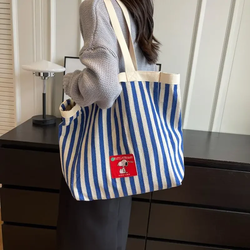 MINISO Snoopy Striped Canvas Bag Klein Blue Large Capacity Handbag Women's Fashion Shoulder Bag Cartoon Shopping Handbag