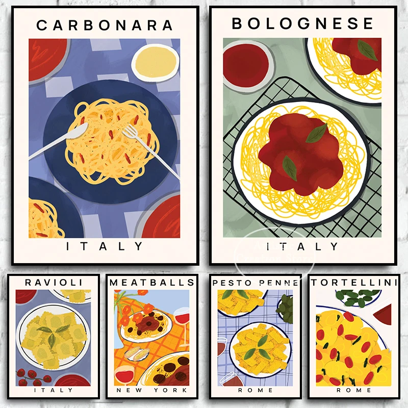 Pasta Poster Food Illustration Poster Linguine Print Canvas Traditional Italian Food Kitchen Wall Home Decor Pasta Lover Gifts