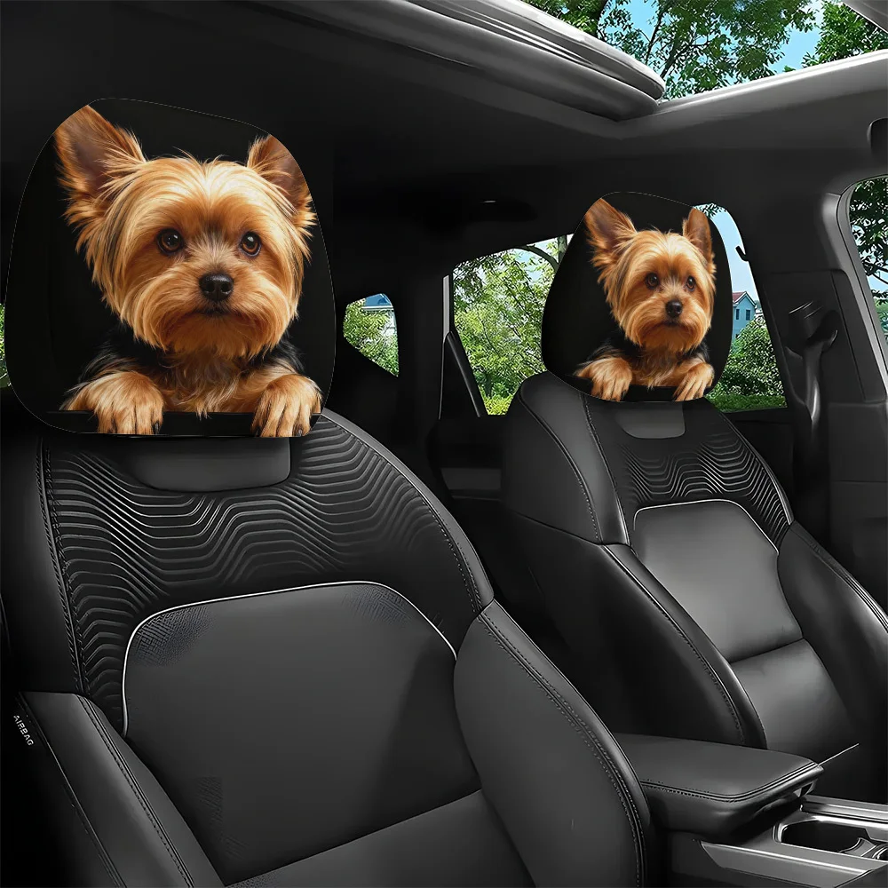 Set of 2 Car Headrest Covers | Playful Yorkie Design | Easy To Install and Clean