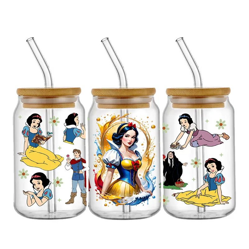 White Snow Princess Love Pattern UV DTF Transfer Sticker Waterproof Transfers Decals For 16oz Glass Cup Wrap Stickers