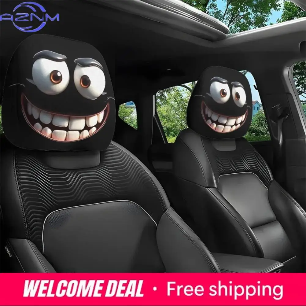 2pcs Horror Smiley Face Printed Car Pillowcase Soft Comfortable Decor Cushion Cover Universal Fun Head Cover Seat Protector