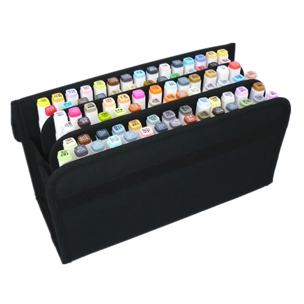 

80 Slot Marker Pen Storage Case Black Heavy-Duty Nylon Shoulder Strap Detachable Sleeve Elastic Ring Table Easel Countertop