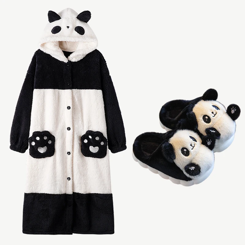 Cartoon Panda Plush Pajamas Robes Anime Kids Nightgown Winter Long Sleeve Night Dress Halloween Party Comfy Kawaii Girl pijama