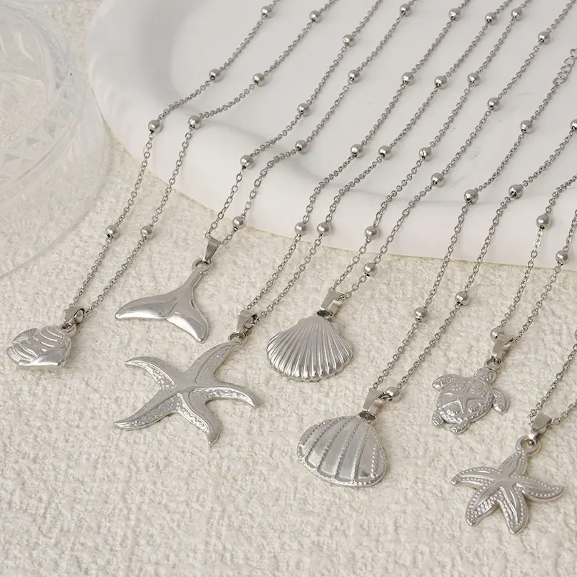 1pcs Brief New No Fading Silver Color Pendant Necklace Starfish Hippocampus Fish Tail Shell Necklaces Autumn Sweater Jewelry