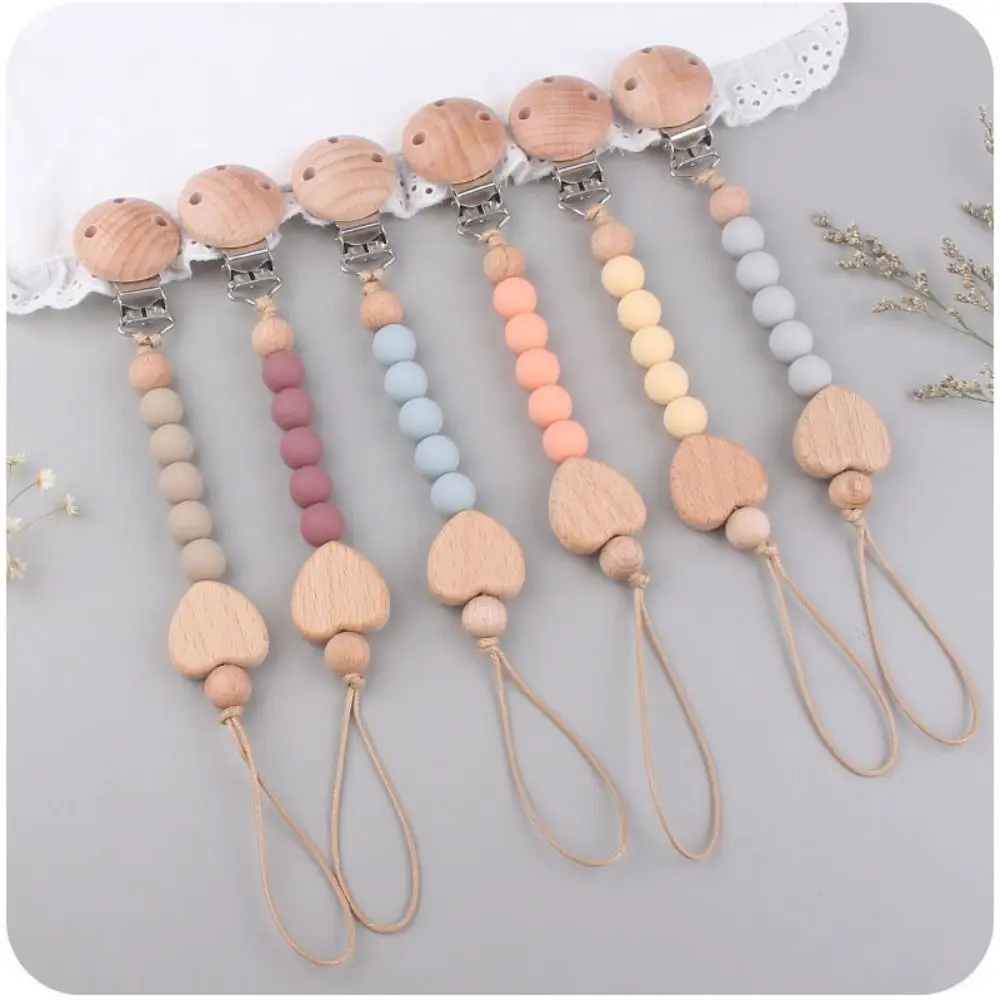 คลิป Dummy ผู้ถือ Pacifier คลิป Love Heart จุกนมหลอกผู้ถือ Baby Pacifier CHAIN ผู้ถือจุกนมคลิปลูกปัดไม้