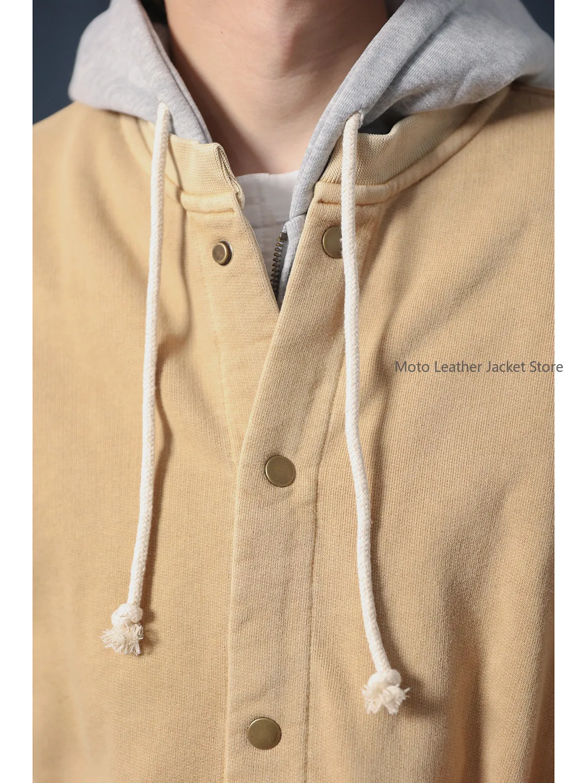 Knitted Baseball Jacket Garment Dyed Vintage Distressed Light Fleece Collarless Bomber Jacket