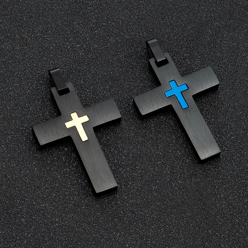 Brushed Cross Titanium Steel Pendant - Gothic Hip Hop Retro Religious Necklace Blue/Gold Color For Men's Women's Festival Gifts