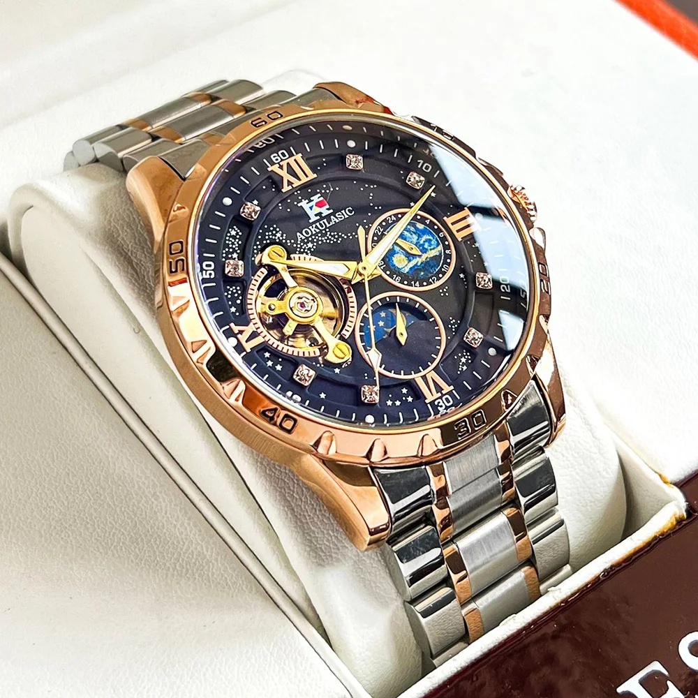 

AOKULASIC Top Brand Man Mechanical Wristwatch Fashion Luxury Automatic Luminous Clock Waterproof Sport Moon Phase Business Watch