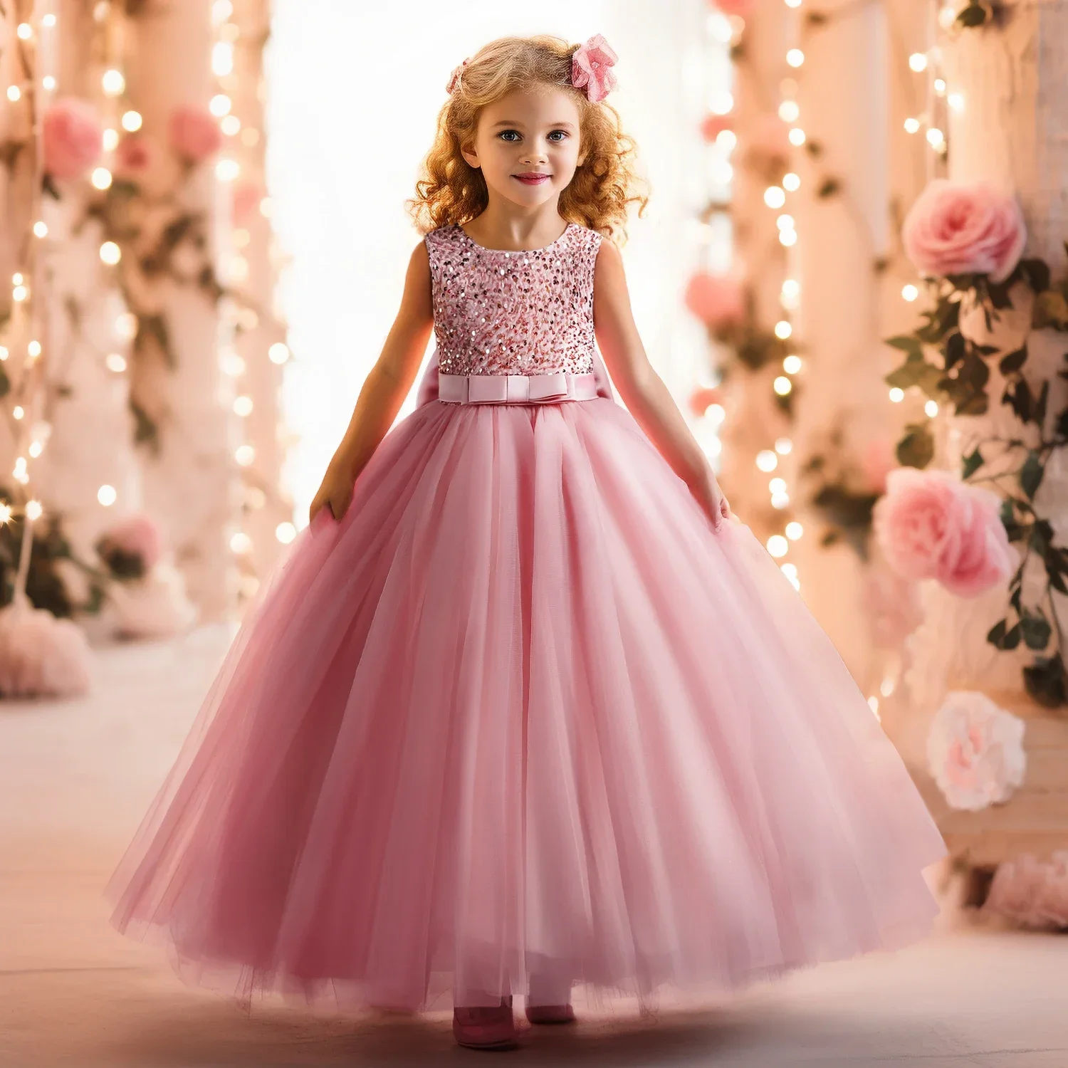 Elegant Party Dresses for Girls Sequined Princess Birthday Prom Long Gown Kids Performance Wedding Formal Evening Costumes