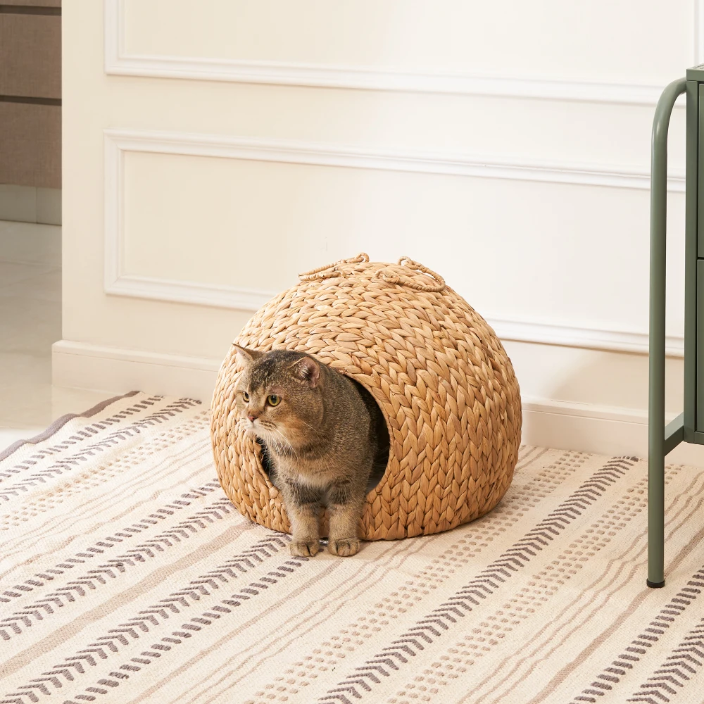 Water Hyacinth Woven Wicker Round Cat Bed Cave with Handles 18