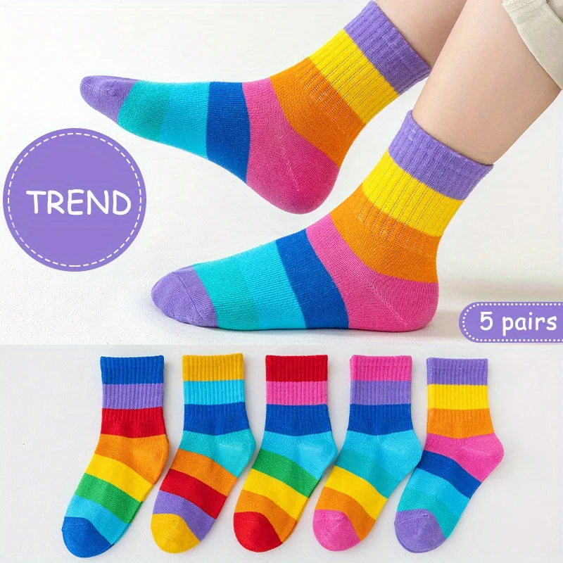 5 Pairs Children Colorful Rainbow Stripe Socks Soft Cotton Daily Sports Mid-Calf Socks for Boys Girls
