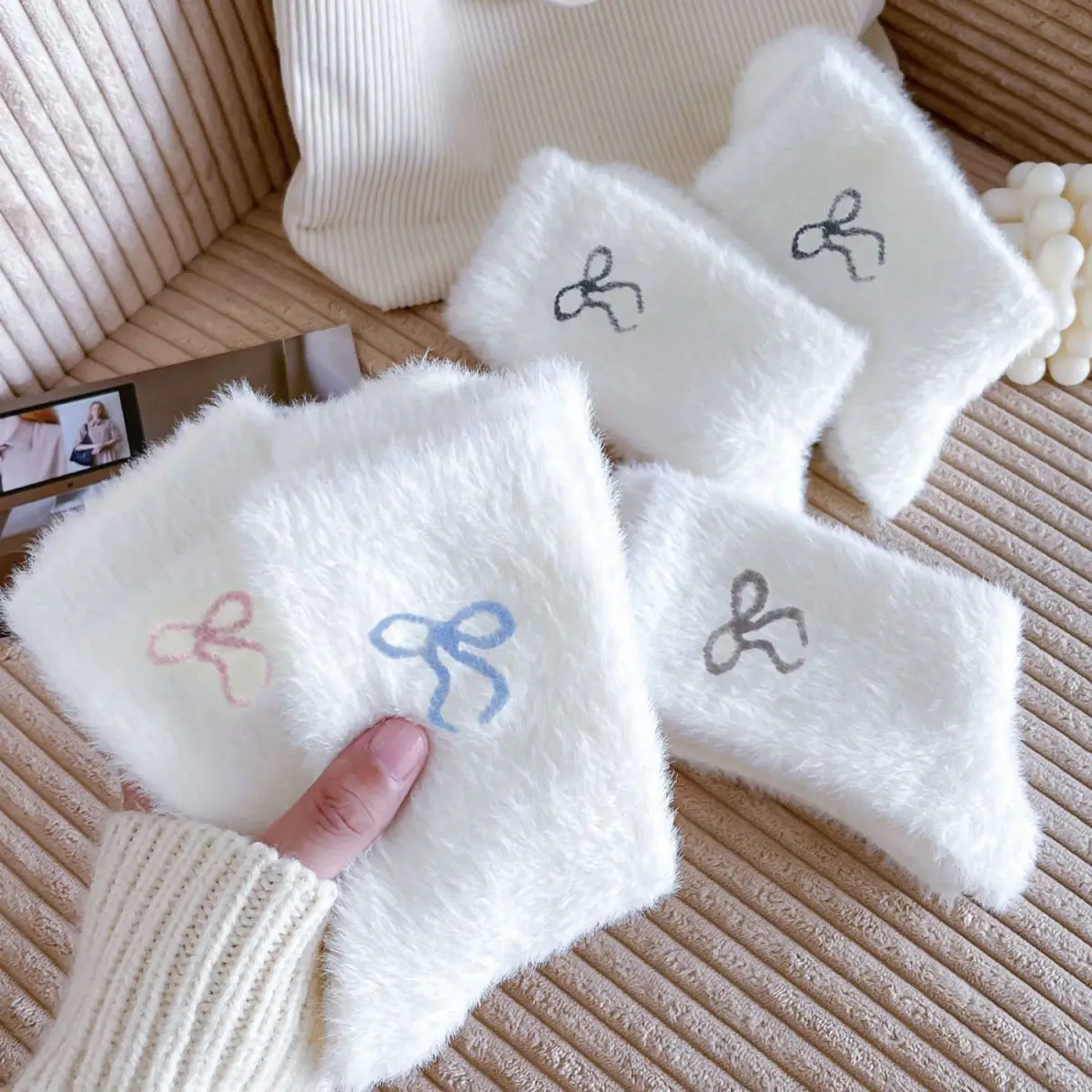 Damskie skarpety jesienno-zimowe, grube, z aksamitu norek, z kokardą, ciepłe skarpety zimowe.