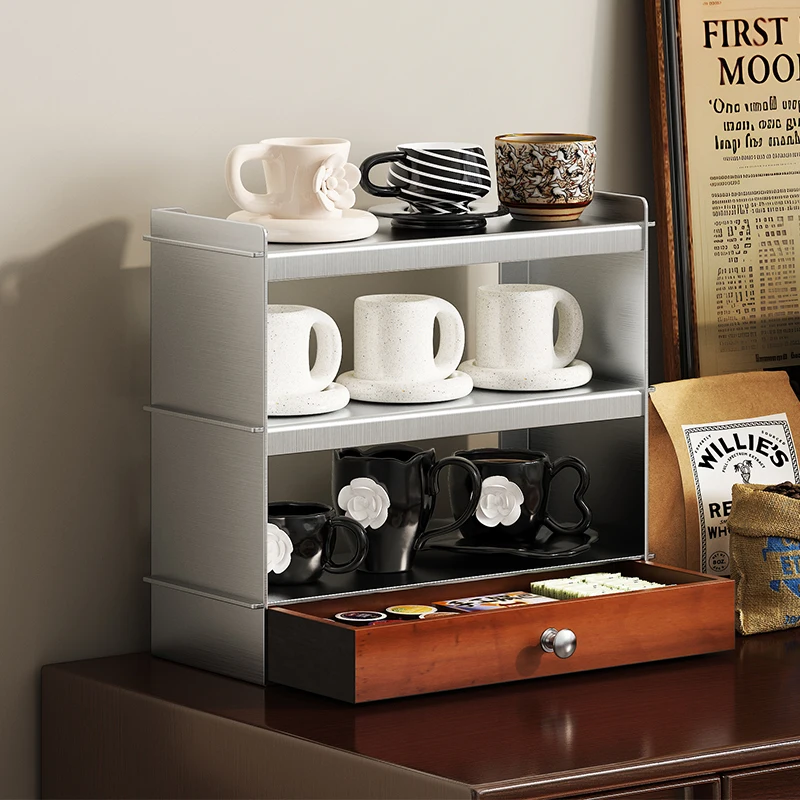 Retro Tiered Cup Rack Stainless Steel Mug & Tea Cup Organizer Multi-Layer Countertop Display Shelf for Living Room