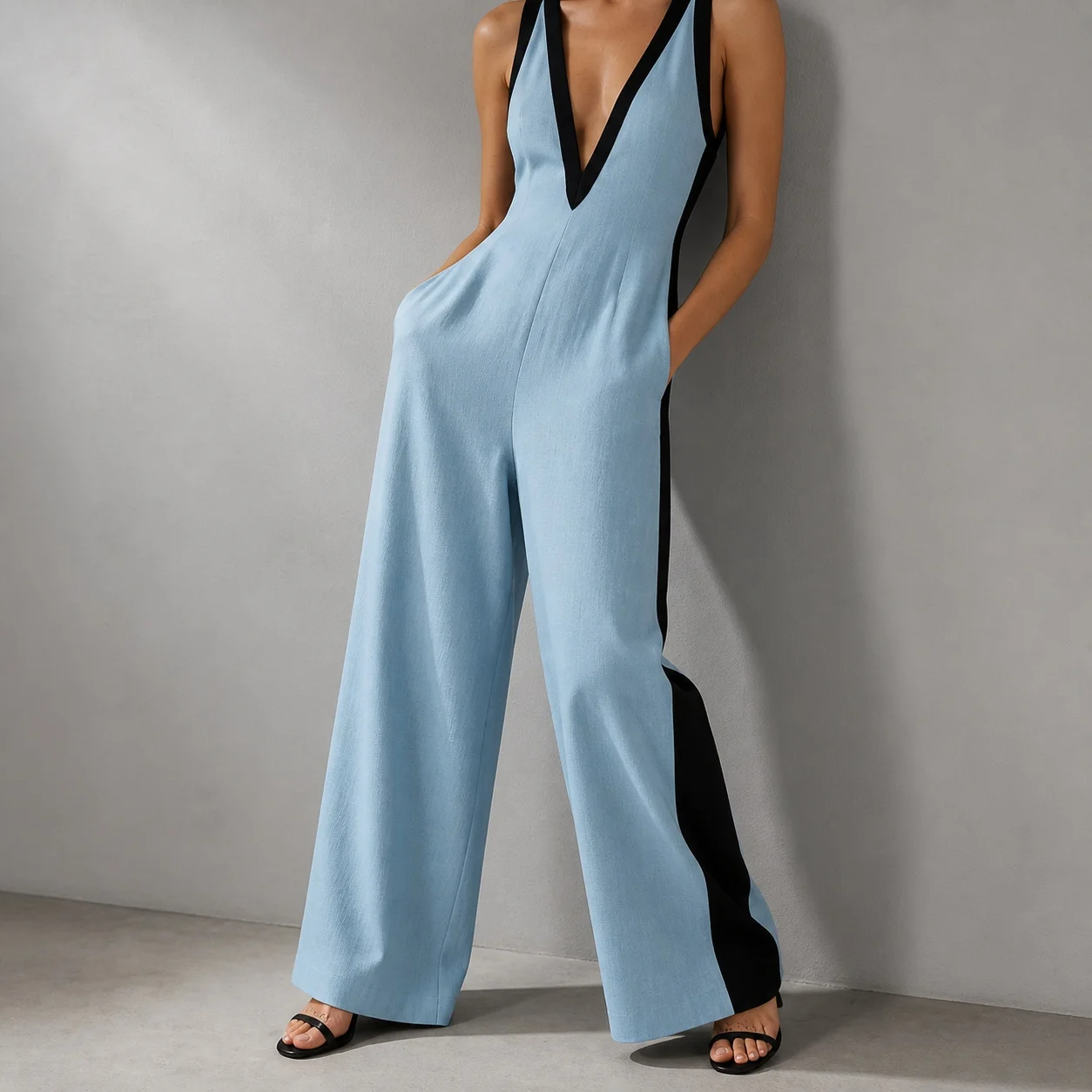Women's V Neck High Waist Color Block Patchwork Long Pants Jumpsuit For Woman Rompers Women With Contrast Trim And Front Pocket