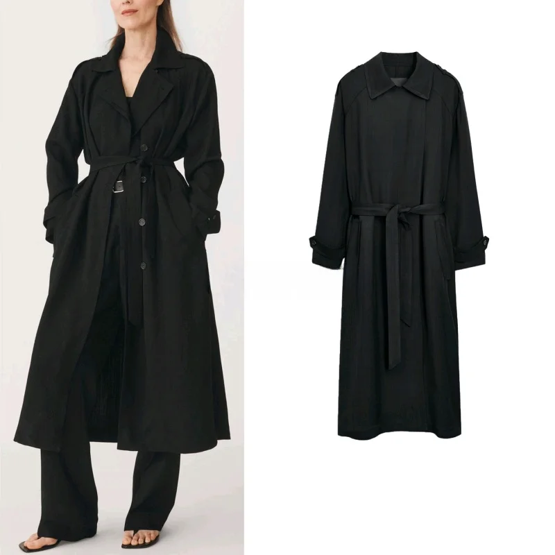 

Loose Long Sve Windbreaker Women's New Summer Series Single Button Strap Decorated Lapel Coat Casual Commute Sle Polyest...