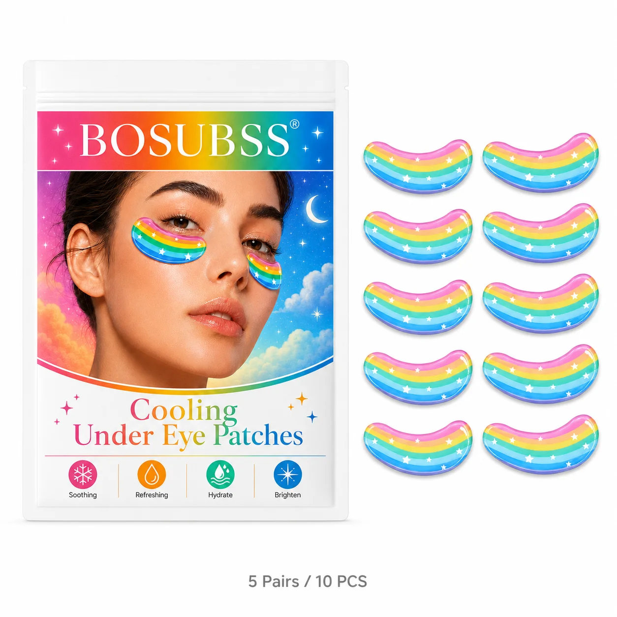 5Pairs/10PCS Colorful Rainbow Under Eye Patches, Cute Star Crescent Eye Masks for Fun Self-Care and Beauty Routines