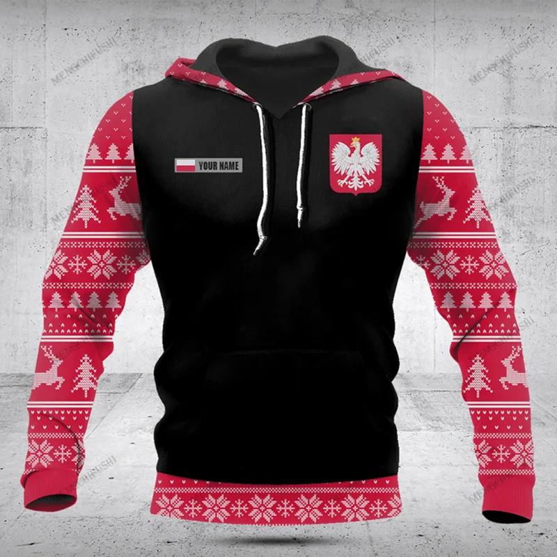 Customize Poland Symbol Christmas Unisex Hoodies Loose Tops Sweatshirts Winter Casual Clothing Oversized Streetwear