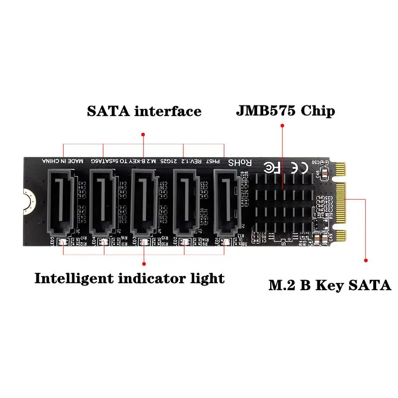 JMB575 Chip M.2 B Key to 5-Port SATA3.0 Multi Interface Expansion Card 5-Port SATA Adapter Board