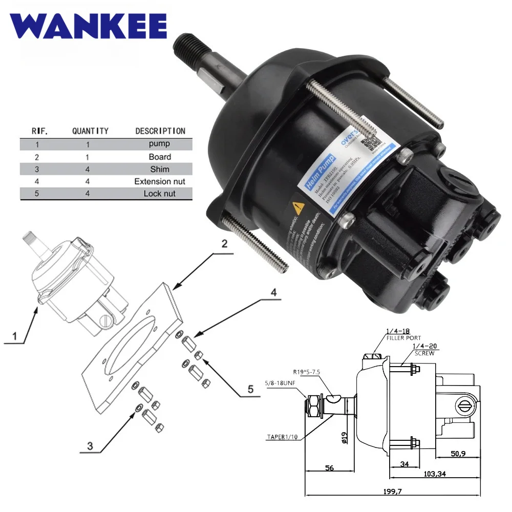 Wankee 50-100hp Hydraulic Steering Cylinder System Front Mount For Outboard Yatch From 50HP to 100HP Universal model