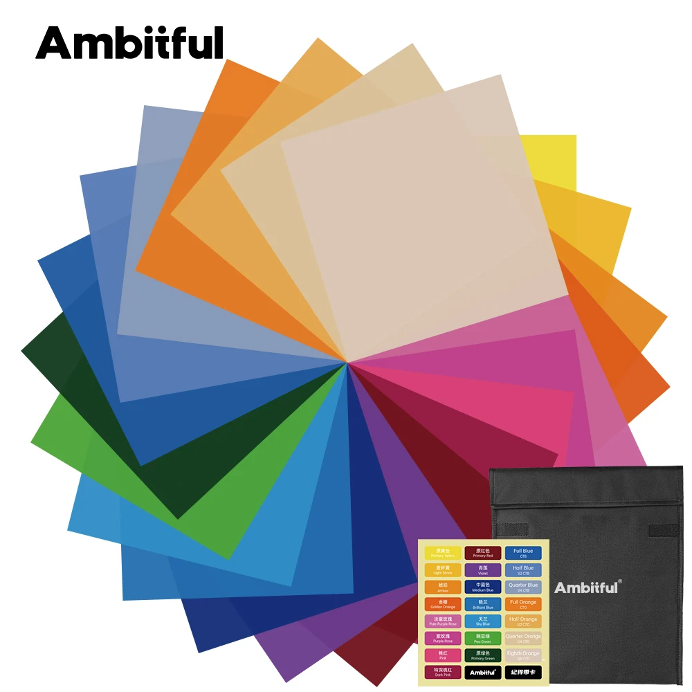 

AMBITFUL 25x25 см, 22 шт., набор гелей для коррекции цвета, цветная гелевая фильтрующая пленка + сумка для переноски для видео, светодиодный светильник, студийная вспышка