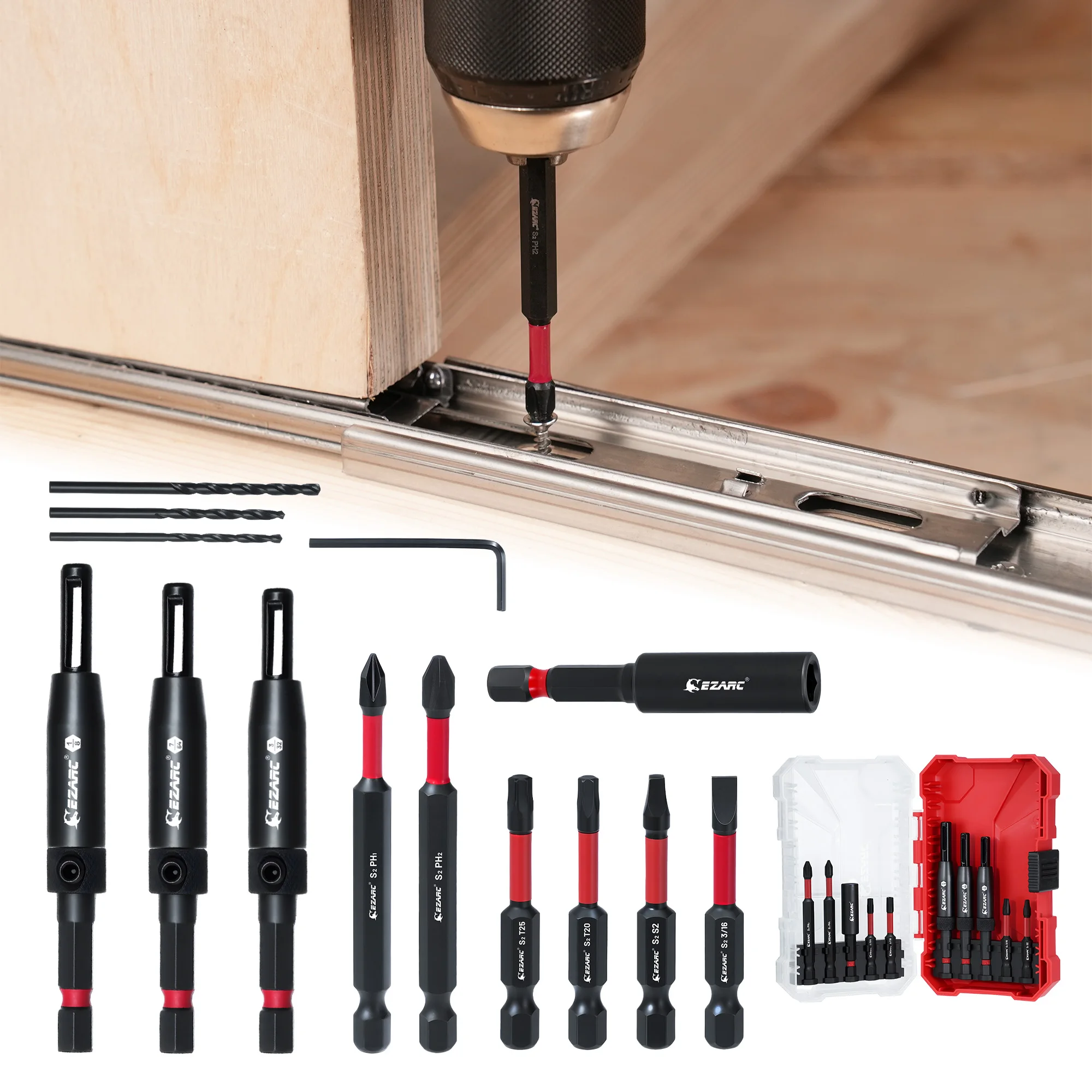 EZARC 14PC Self-Centering Drill Bit Set for Cabinet Hinges & Doors 1/4