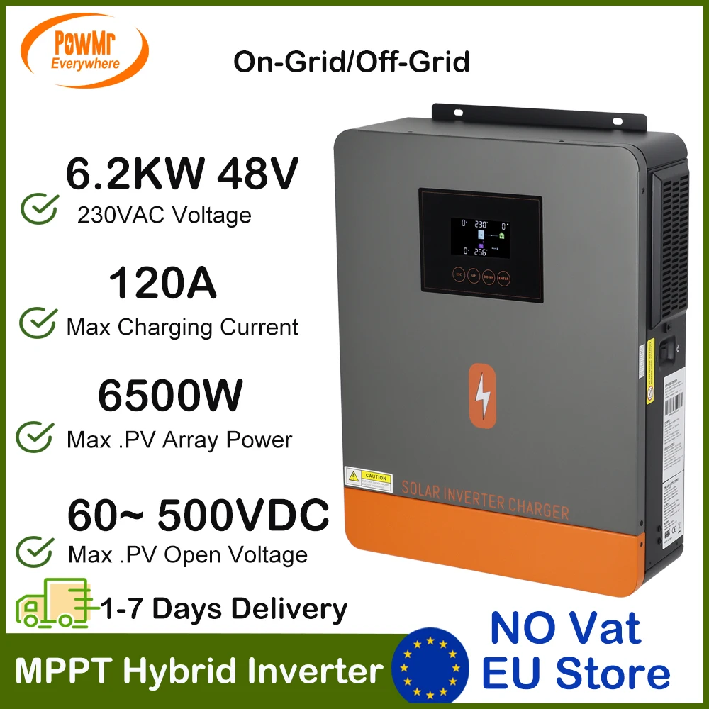 PowMr 6200VA 6200W Hybrid Solar Inverter 48VDC To 230V AC With 120A MPPT Solar Charger 500Vdc PV Input Pure Sine Wave Inversor