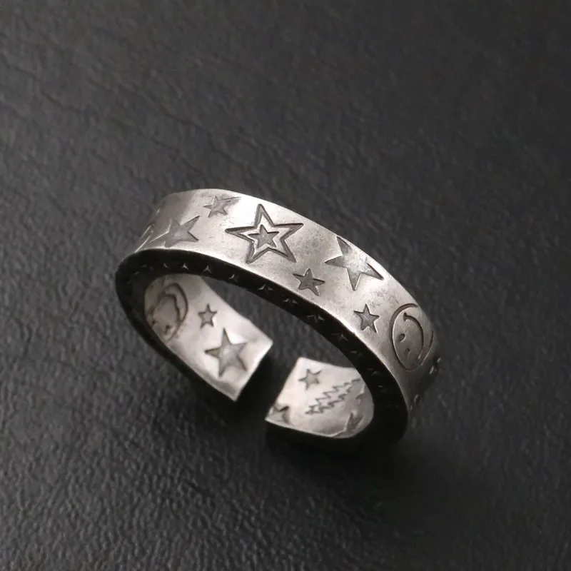 Vintage Graffiti Smiley Face Ring Men Trend Ins Cold Wind Open Ring Fashionable Simple Star Index Finger Ring Jewelry