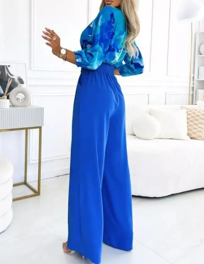 Tuta con maniche a lanterna con scollo a V increspato patchwork con stampa tie-dye blu Tuta da donna casual con elastico in vita posteriore a gamba larga con cintura