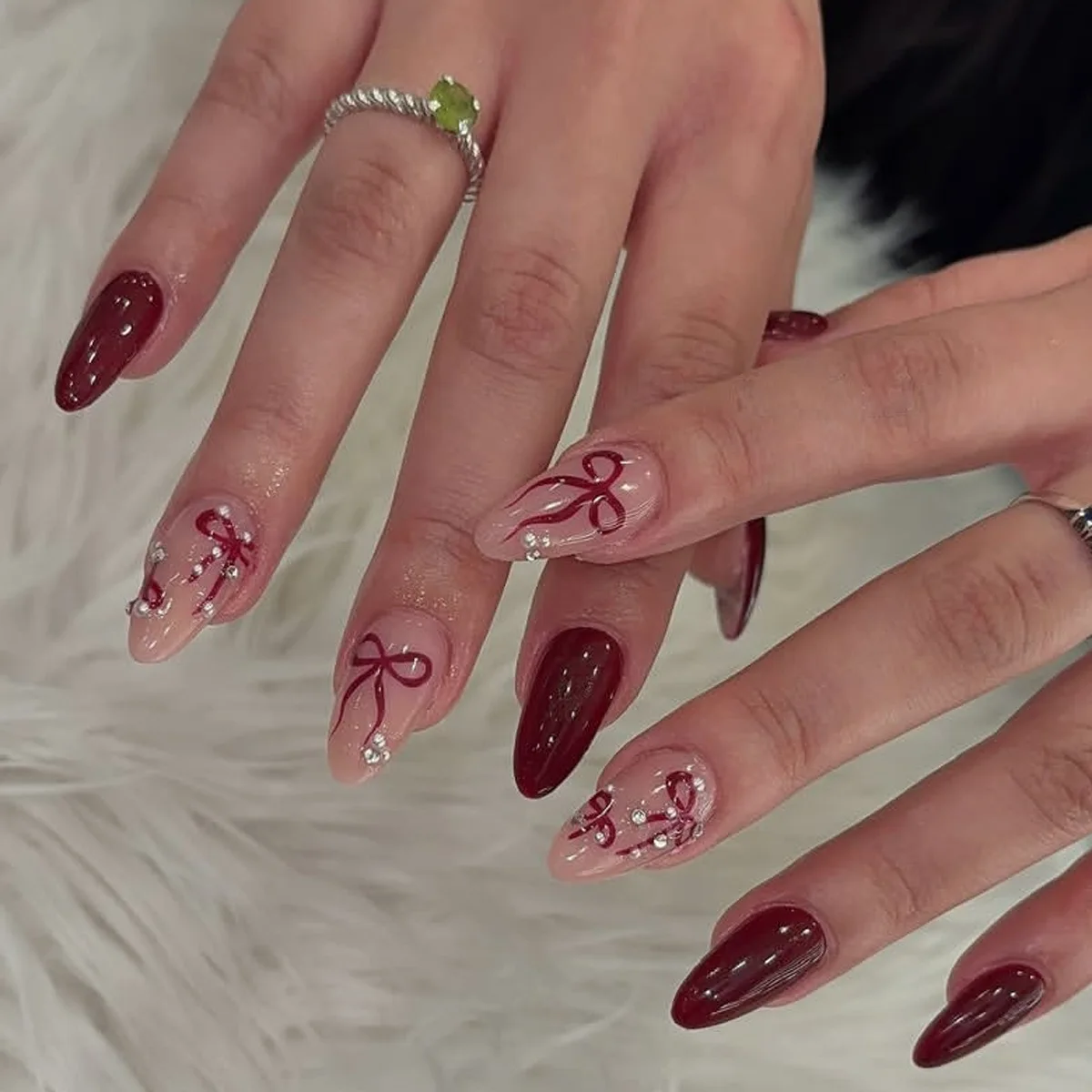 

24Pcs Mid-length Almond Press on Nails Y2K Cherry Red Fake Nails Bow Rhinestone Reusable Artificial Full Cover False Nails Tips