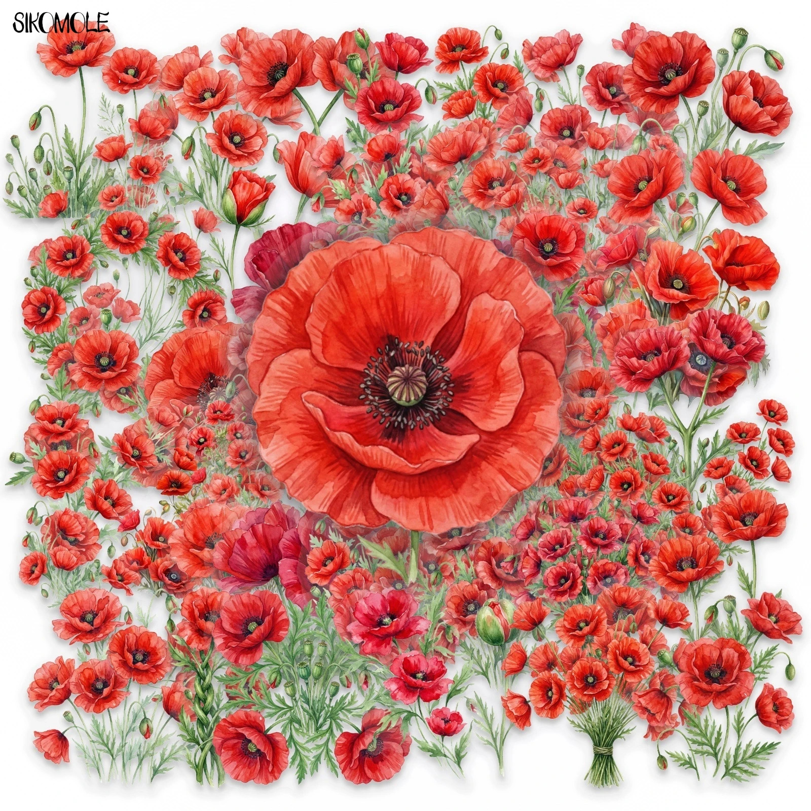 50PCS Elegant Bright Red Poppy Flower Stickers Watercolor Artistic Floral Pattern Transparent PET Decals DIY Journal Decor