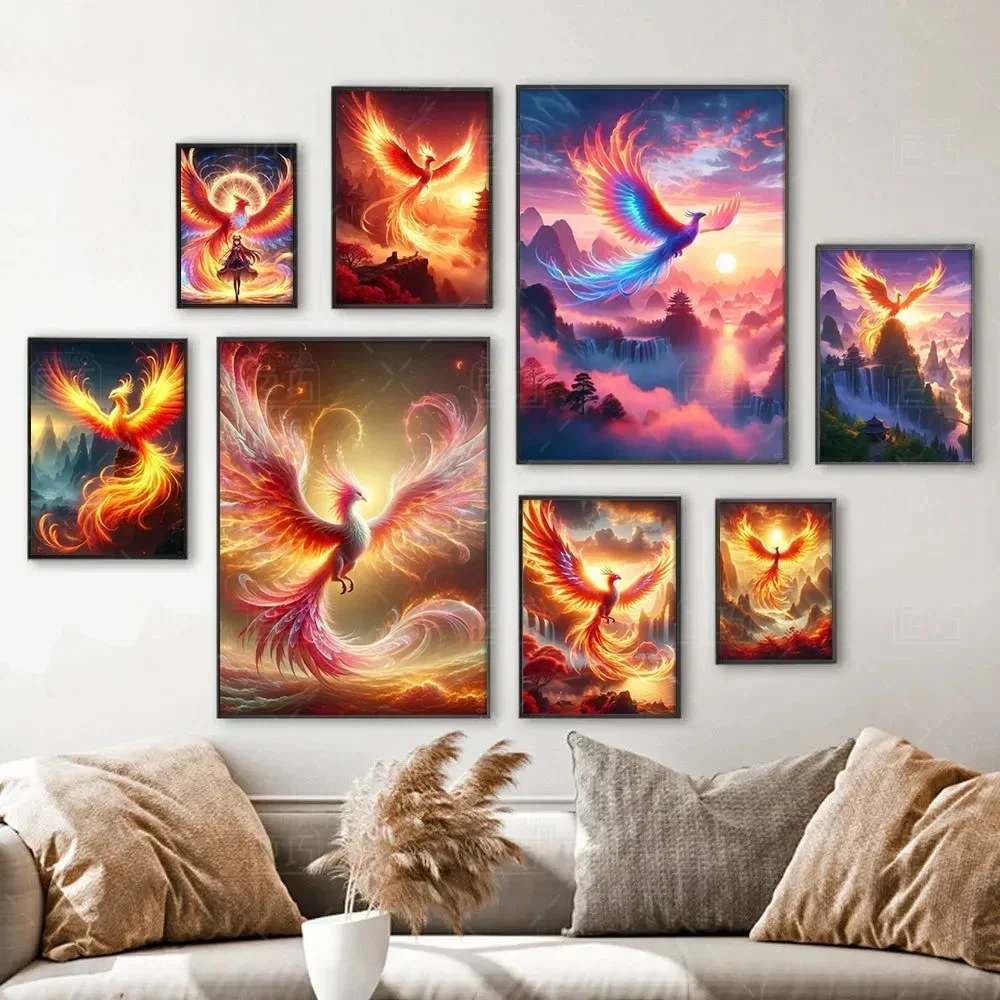 1pc frameless Chinese Style Wall Art Ancient Mythology Bird King Flaming Bird Fire Phoenix Canvas Print Poster Home Living Room