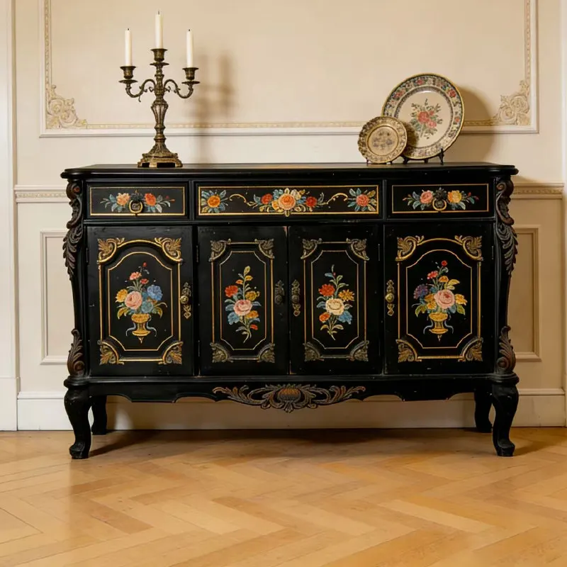 Retro solid wood dining side cabinet, living room storage cabinet, flower painted carved locker, decorative cabinet boutique