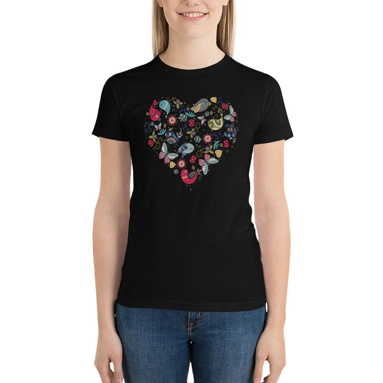 

Nordic Style With Birds, Flowers and Butterflies T-Shirt funny female cute clothes t shirts for Women