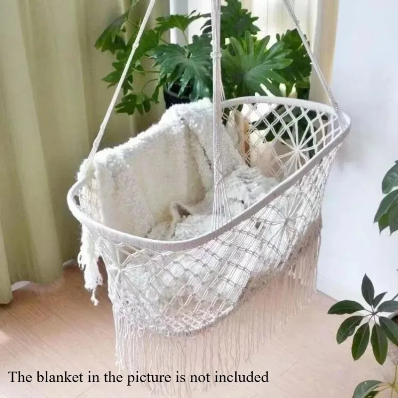 Oval Macrame Hanging Swing Chair Cotton Rope Diamond Hollow Weave Tassel Fringe Indoor Balcony Hammock Seat