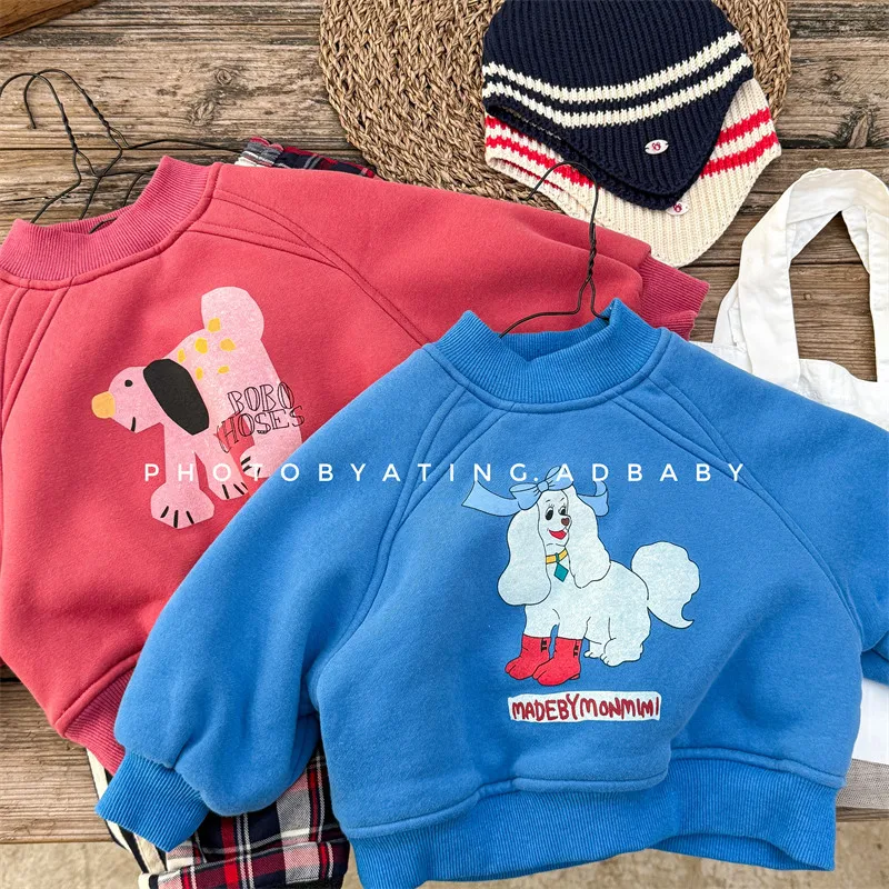 2024 Winter New Children Warm Fleece Sweatshirt Cartoon Print Boys Girls Plus Velvet Thick Pullover Tops Kids Casual Clothes