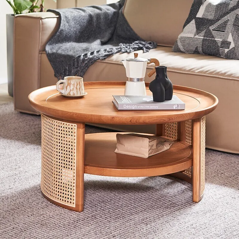 

Japanese Side Table Wood Rattan Tea Coffee Table Low Table Round Minimalist Simple Rattan Woven Apartment Furniture Accessories