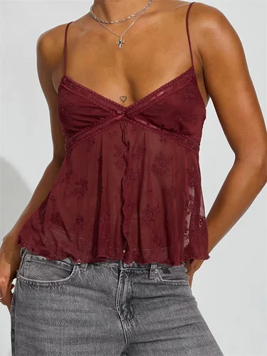 Y2k-Top corto sin mangas para mujer, camisola Sexy con abertura en la parte delantera, camisola sin mangas con tirantes finos, malla Floral, cuello en V bajo, camisola para salir
