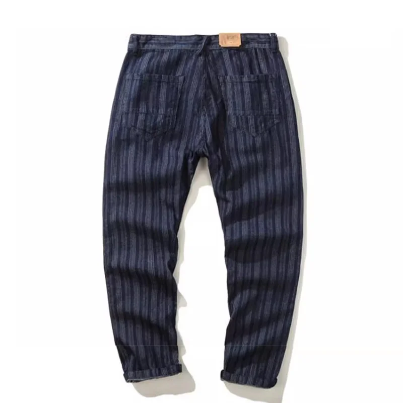 Mcikkny Men Cargo Vintage Striped Jeans Pants National Style Blue Denim Trousers