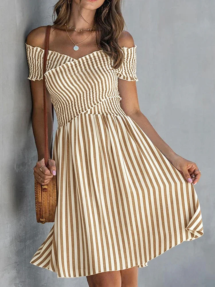 Women's Fashion Personality Slim A-Line Dress Elegant Striped Print Vacation Dresses Sexy Off Shoulder Elastic Waist Mini Dress
