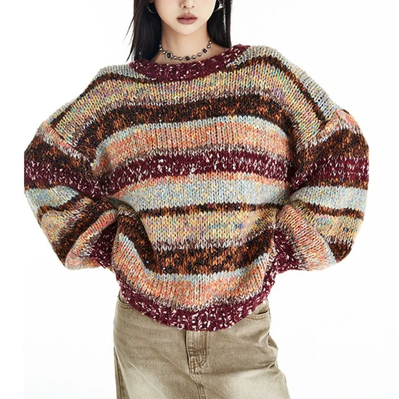 Contrast Color Striped Jumper Crew Neck Rainbow Pullovers  Big Long Loose Sweater  Autumn/Winter Women Knitted Clothing