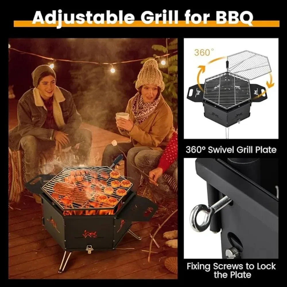 شواية حفرة النار، حفرة نار خارجية قابلة للإزالة 360 درجة °   شبكة طهي دوارة، وعاء ناري قابل للطي، أرجل قابلة للطي، حرق الخشب