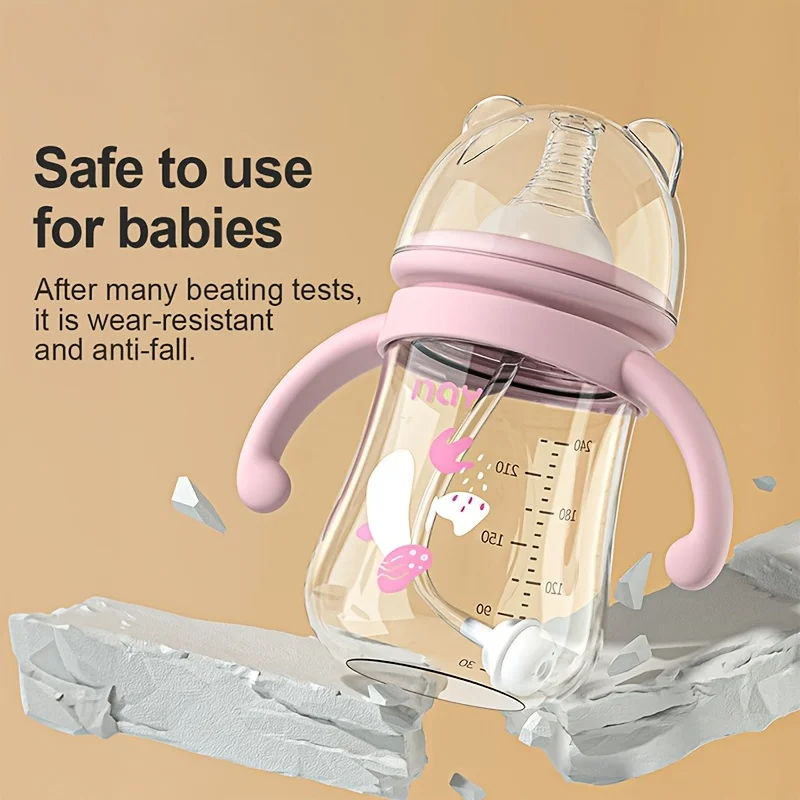 

300ML baby bottle, PP baby bottle with the color of green and pink, Baby feeding bottle with handles, featuring a small mushroom