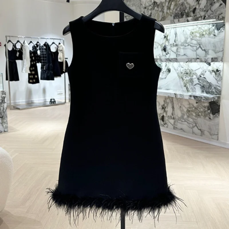 

Black Round Neck Ostrich Hair Sleeveless Dress Women's Summer Simple Loose Elegant Fashion Party Vest Dresses Vestido Feminino