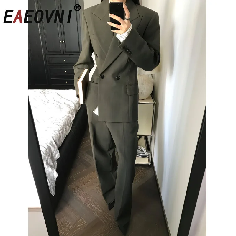 

EAEOVNI 2025 Autumn New Women's Set Vintage Double Button Blazer Coat + Long Pants Office Lady Two Piece Set Fashion Clothing