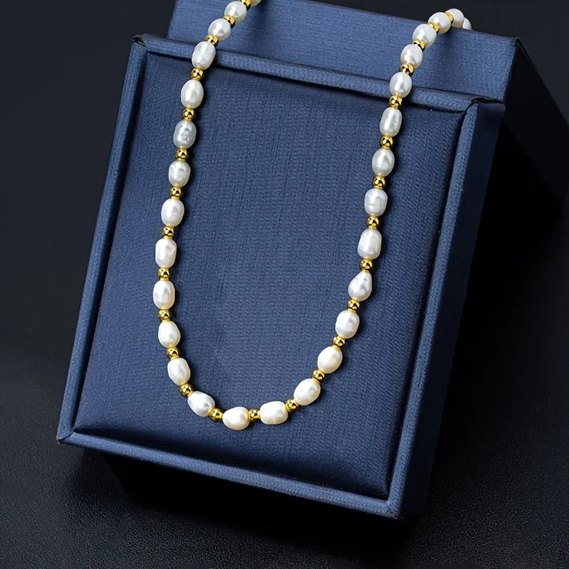 

Dainashi 6-7mm Rice Shape Freshwater Cultured Pearl Necklaces K Gold 40cm Adjustable Necklaces Jewelry Gift for Women